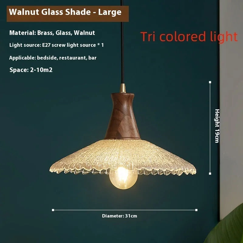 Retro brass and wood ceiling chandelier with a glass lampshade, shown in small, medium, and large sizes.