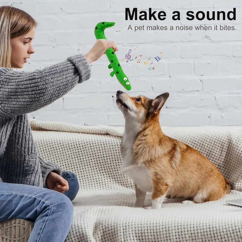 Green lizard-shaped squeaky dog chew toy for aggressive chewers.