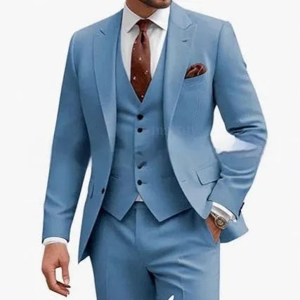 Men's slim fit three-piece suit in chemical fibre blend fabric available in multiple colours with Asian sizing