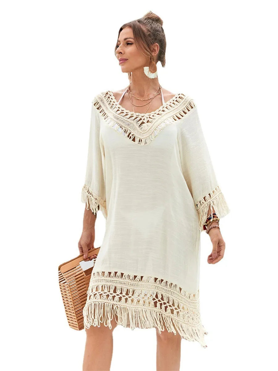 Women's hand crocheted acrylic beach dress with apricot colour and polyester lining