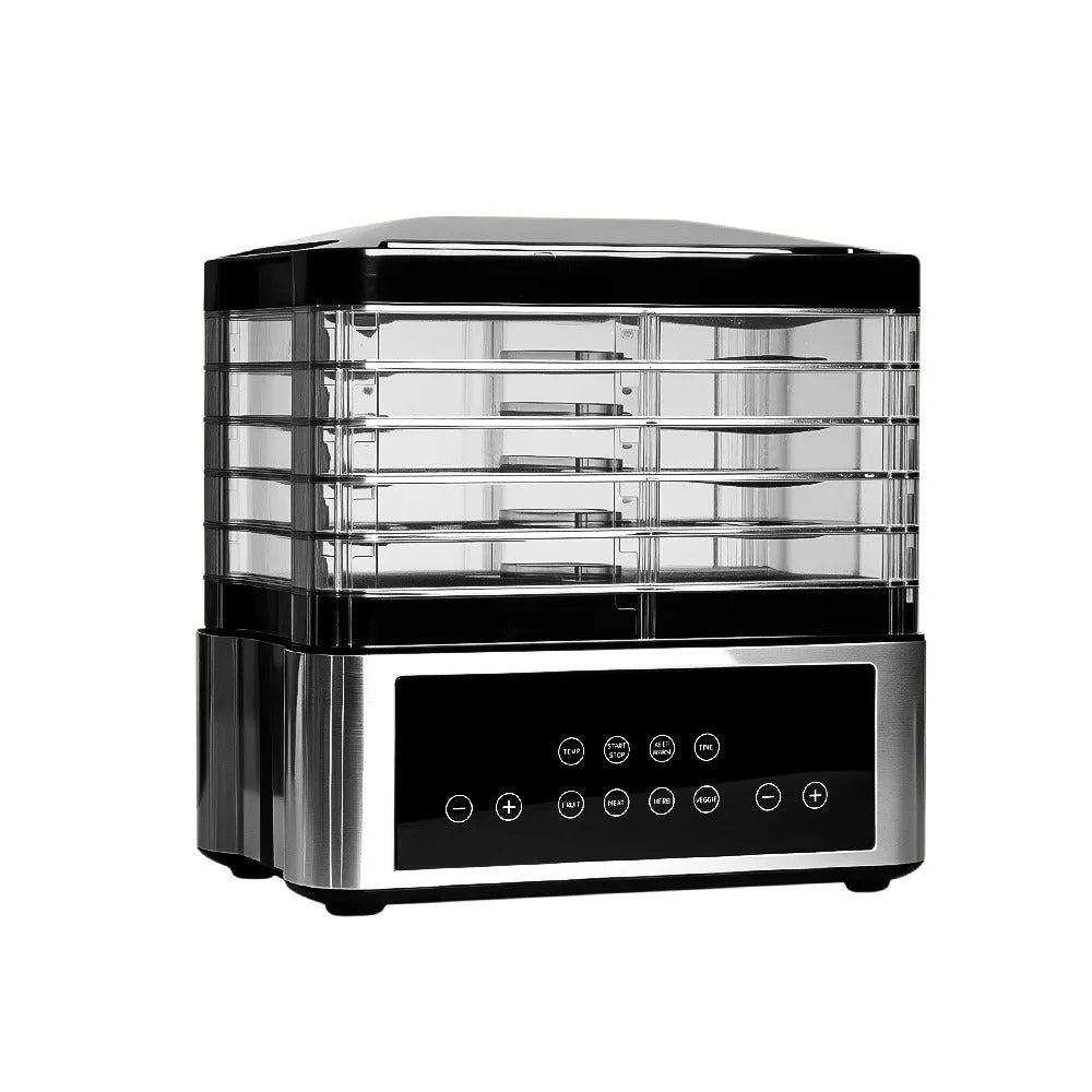 Silver stainless steel fruit dehydrator food dryer with temperature control dial and 14L capacity