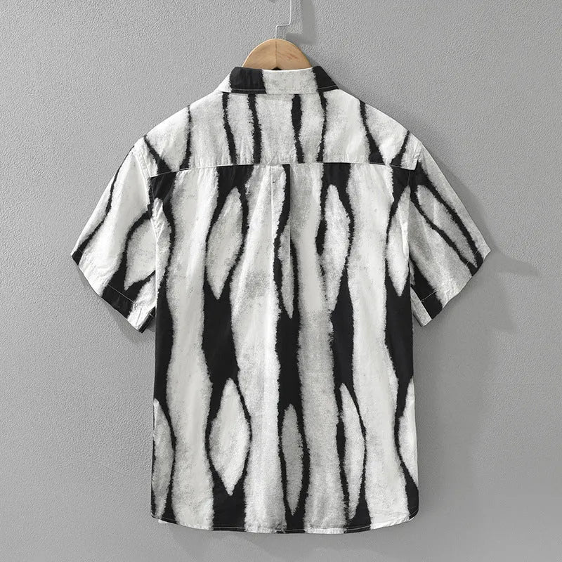 Retro striped short sleeve shirt in pure cotton, shown in black and brown, with a loose cardigan fit.