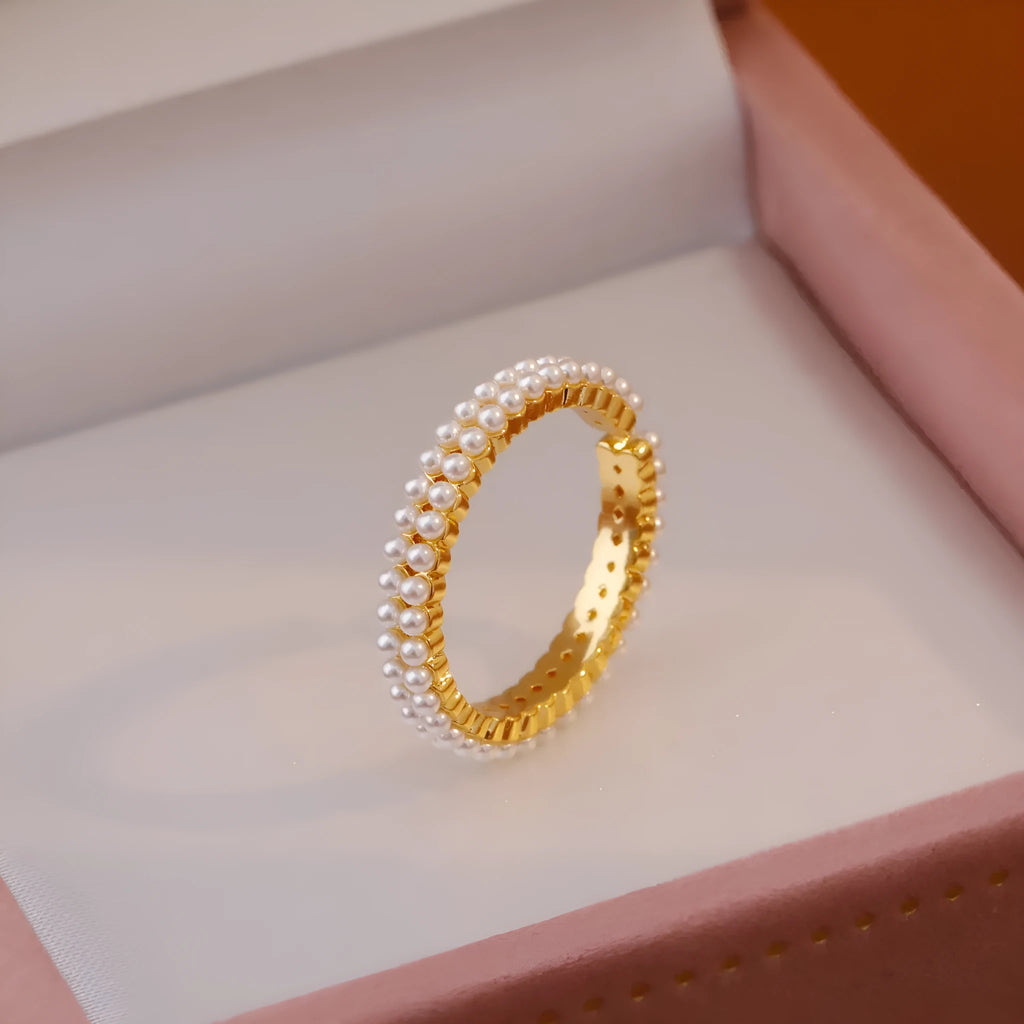 Geometric open-mouth women's ring with round pearl accent and gold electroplated finish