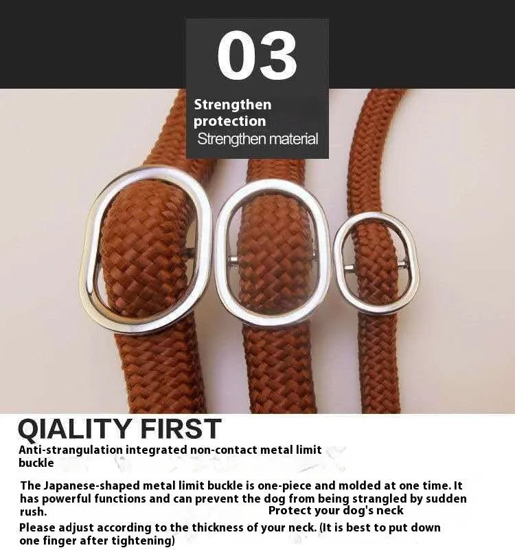 Brown nylon P-chain dog leash with hand-holding rope, 2.1 metres long