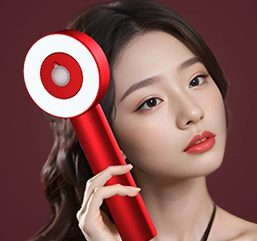 Black and red rechargeable massage hair comb with red and blue light therapy functions