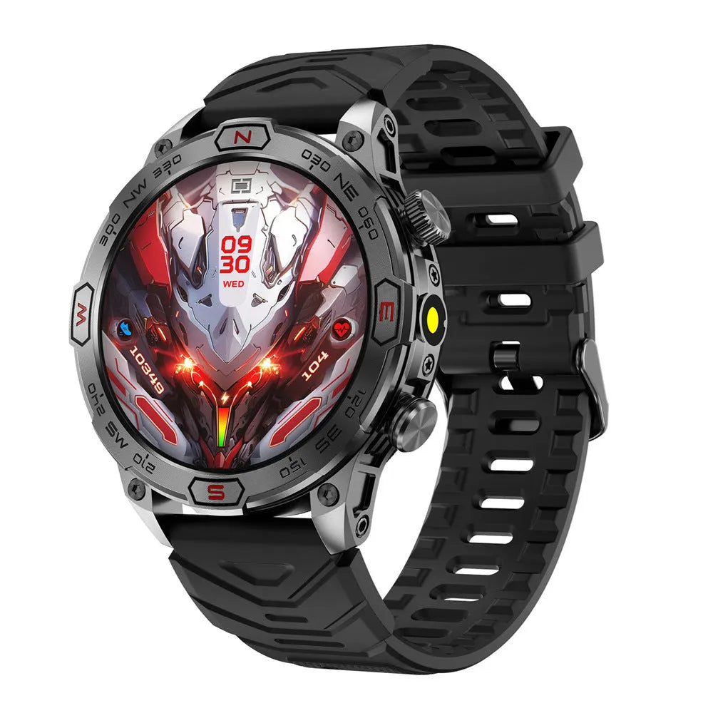 Sports smartwatch with AMOLED screen showing weather forecast, zinc alloy case, liquid silicone strap