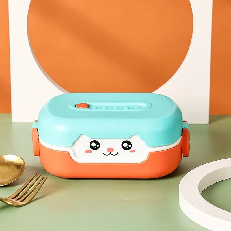 Square divided plastic lunch box in dark blue, orange yellow, or pink and green colours with cartoon style