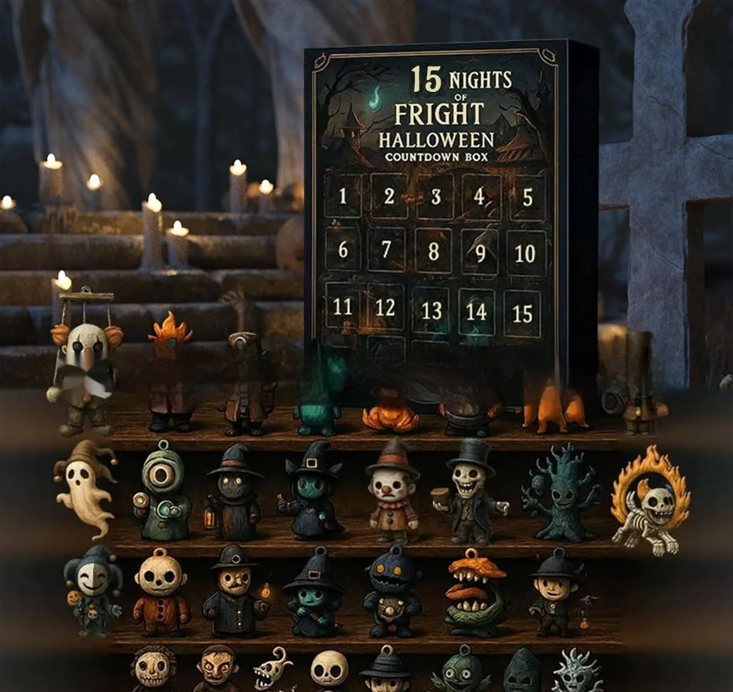 Halloween Countdown Box blind box advent calendar with horror theme and doll figure inside.