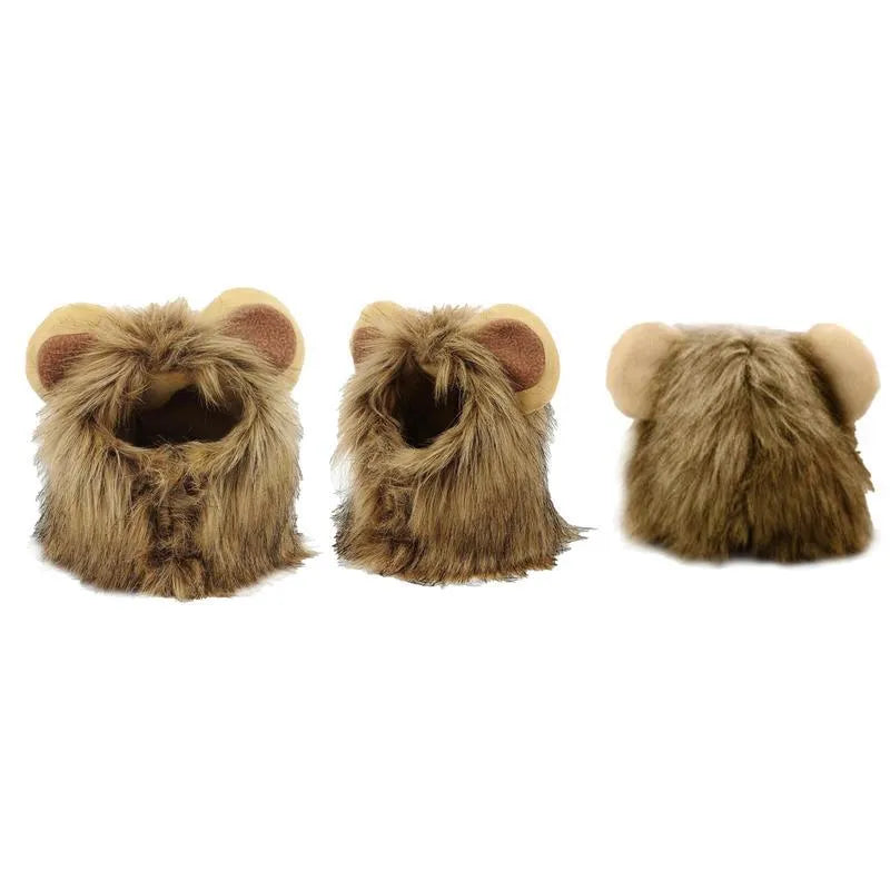 A lion mane wig for cats and small dogs with fluffy artificial hair, plush ears, and an adjustable strap.