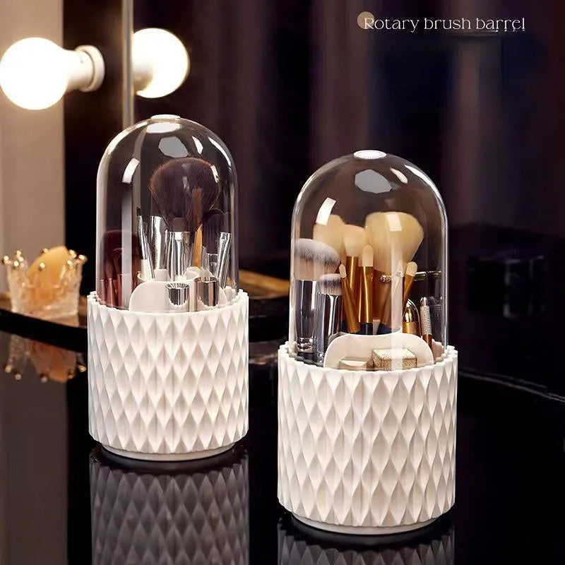 White transparent acrylic makeup brush storage box with rotating base and dustproof lid
