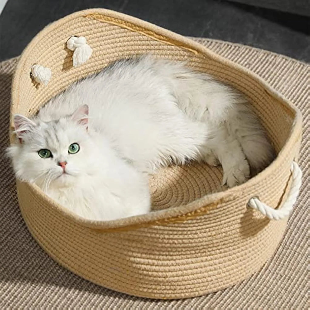 Wicker cat bed basket with corrugated scratching board in large and small sizes