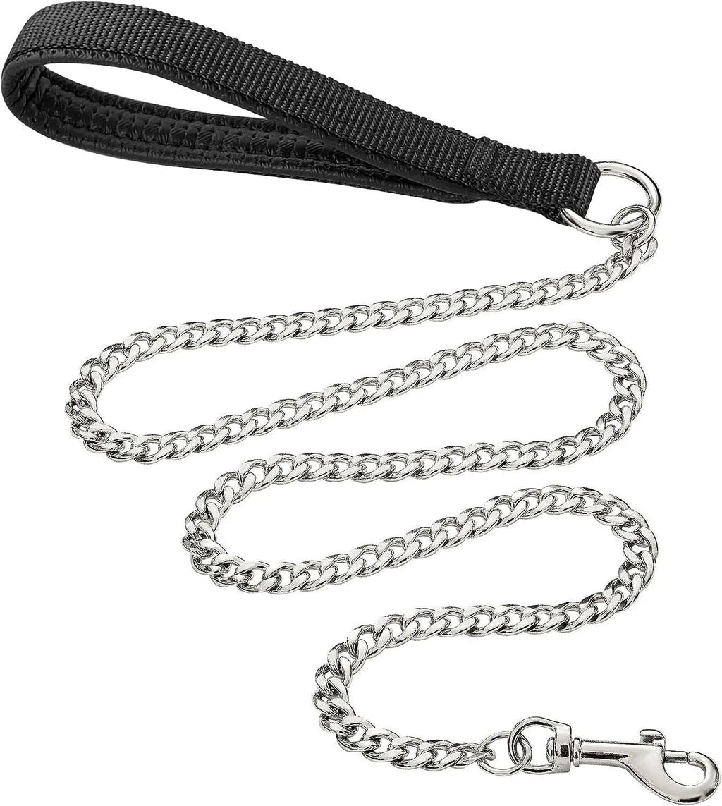 Heavy duty metal dog leash with padded handle in black, blue, or red for medium to large dogs
