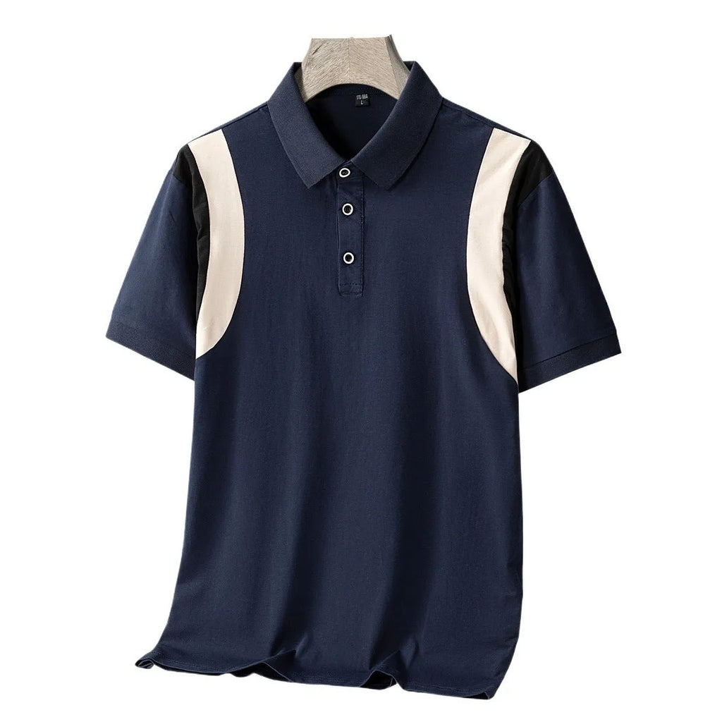 Men's striped cotton T-shirt with a lapel collar and short sleeves in a loose fit.