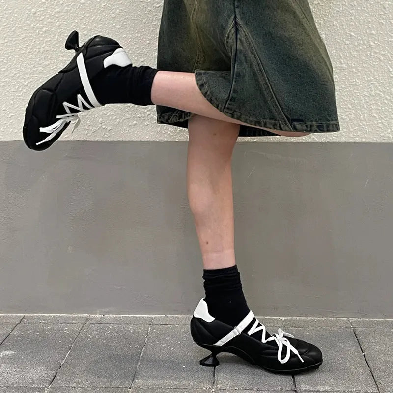 Women's silver lace-up bow sports shoes with mid heel and microfiber upper, college style casual trainers