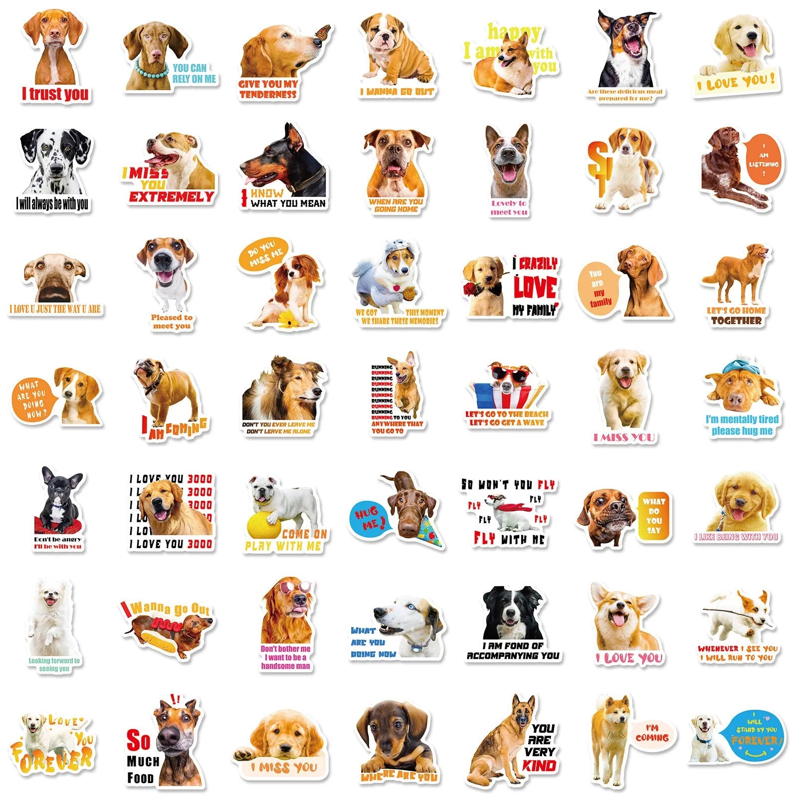 Nordic style realistic dog facial expression stickers pack showing three colour-coded sets with canine designs
