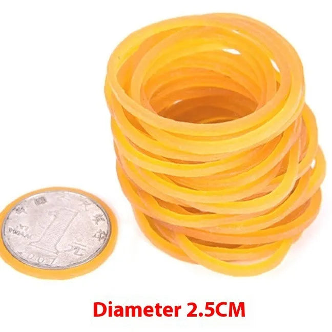 500g pack of assorted diameter yellow rubber bands ranging from 16mm to 70mm.
