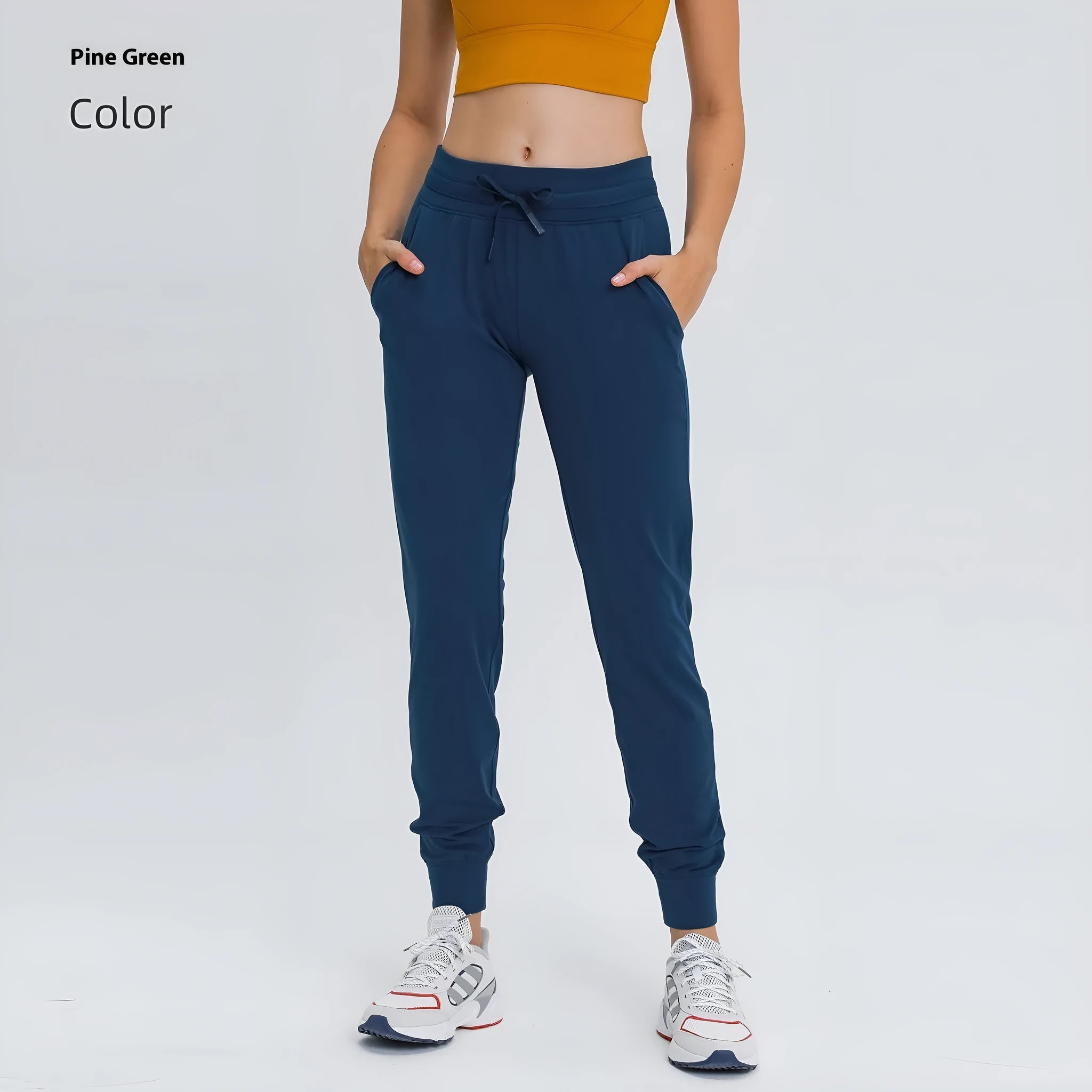 Women's high waist yoga pants with drawstring waistband in various colours