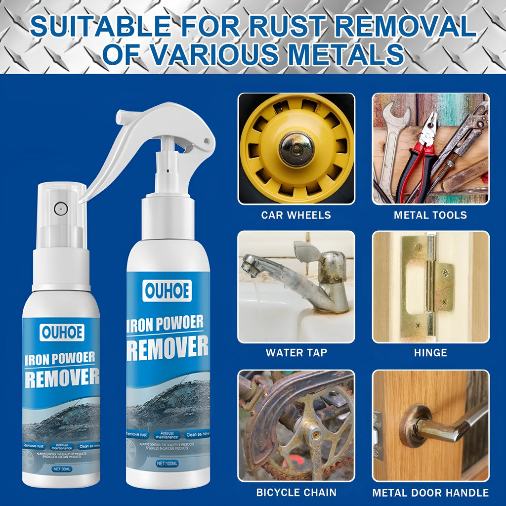 Automotive rust remover spray bottle and blue square sponge for car body corrosion treatment