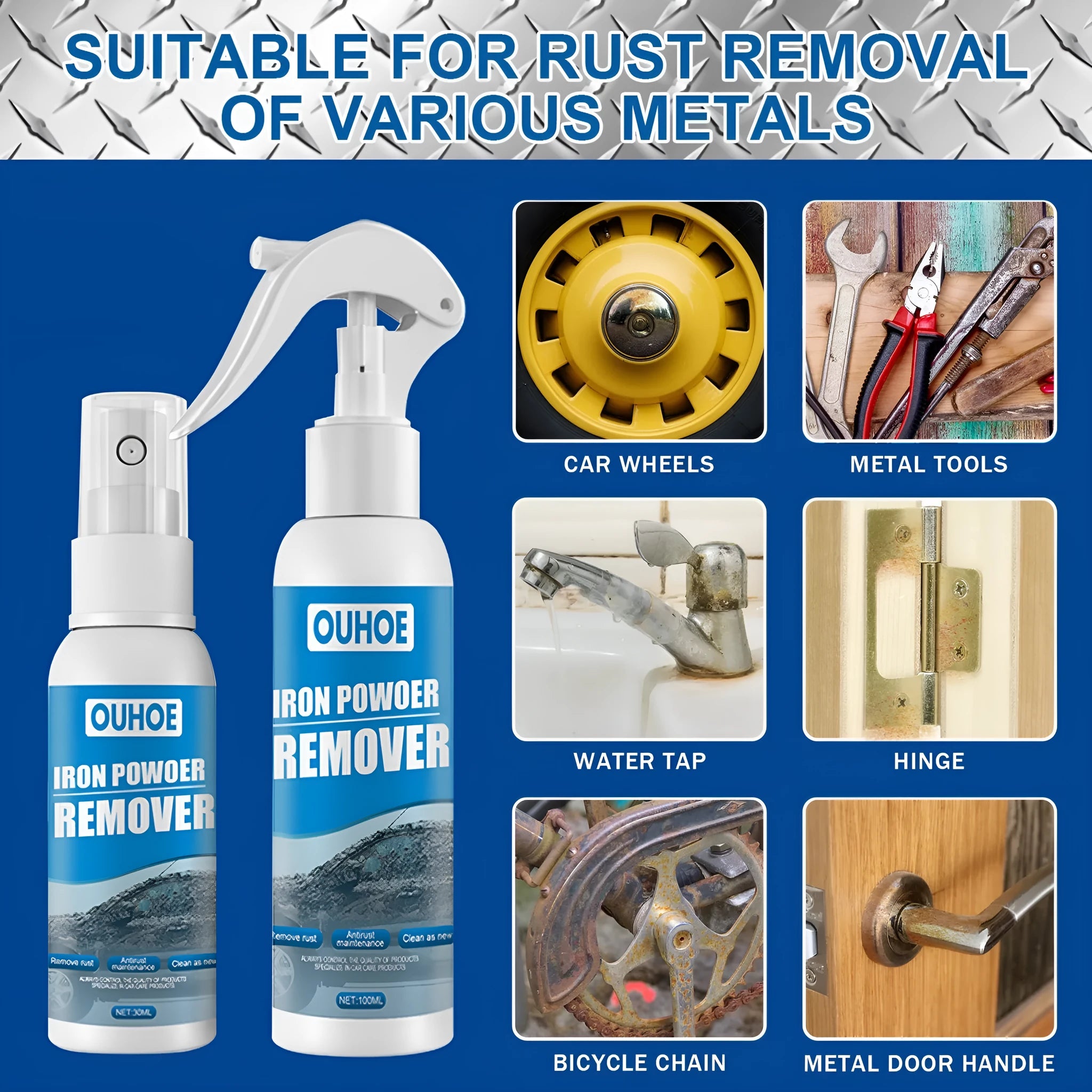 Automotive rust remover spray bottle and blue square sponge for car body corrosion treatment