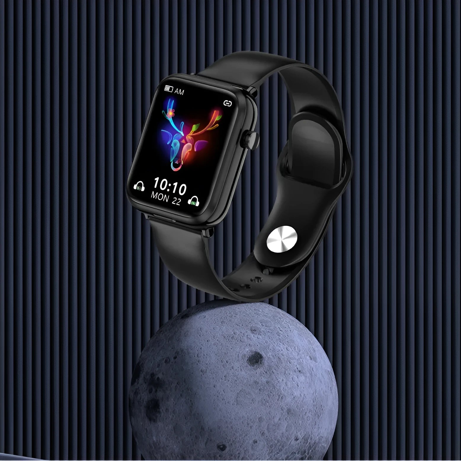 Black smartwatch with 1.69-inch screen and integrated Bluetooth headset stored in charging case.