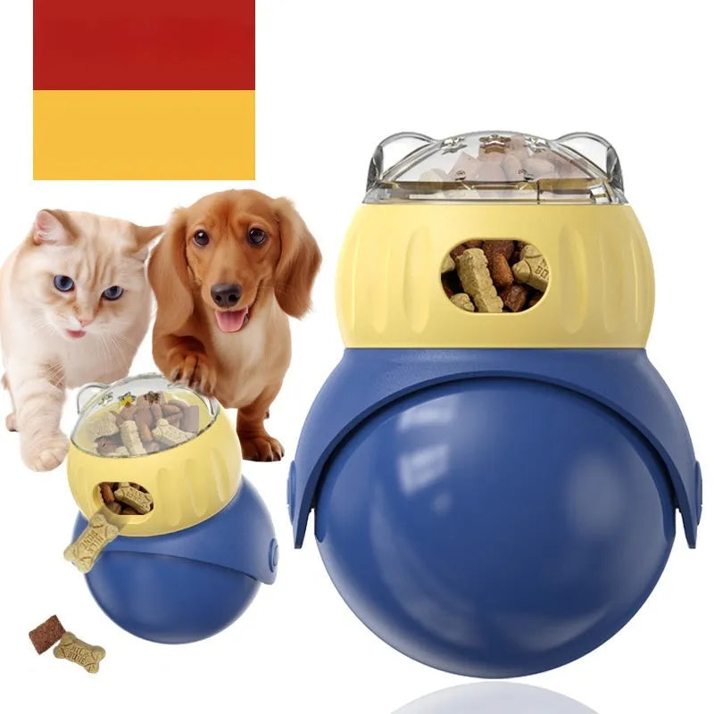 Tumbler Owl plastic puzzle cat feeder in Morandi yellow and blue colours