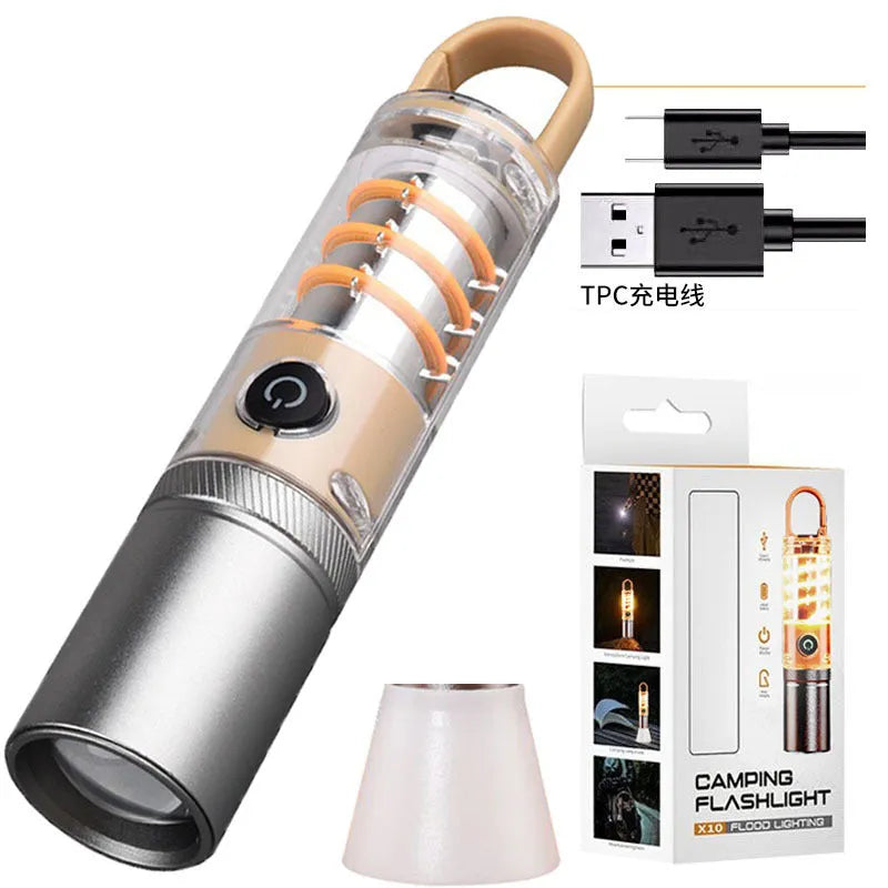 Orange 10W LED flashlight with dual light sources, optical zoom, and hanging hook