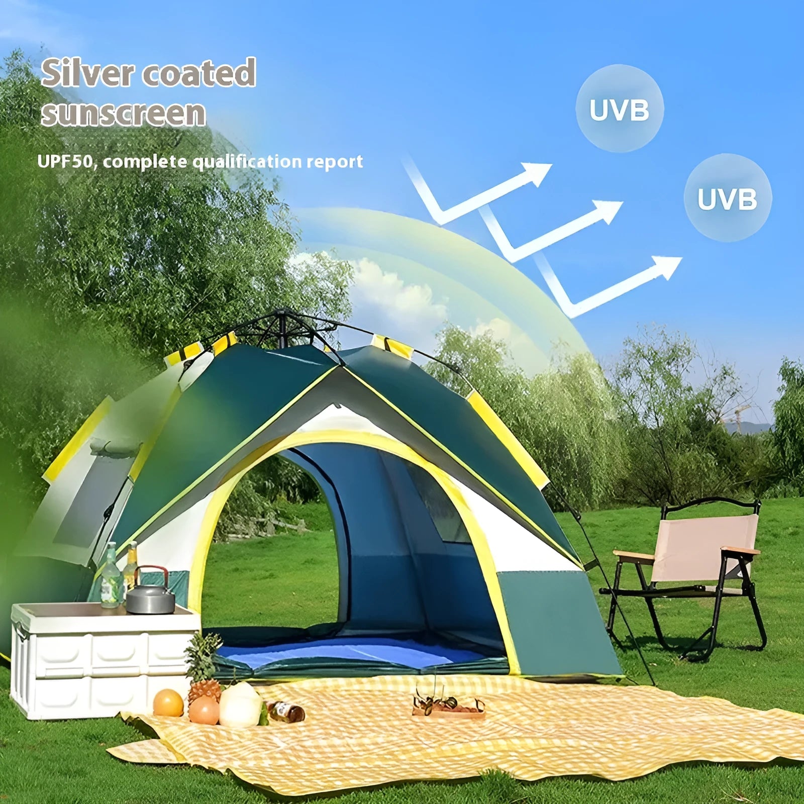 Dark green silver glue 3-4 person camping tent with automatic quick-open system shown in outdoor setting