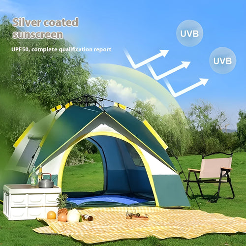 Dark green silver glue 3-4 person camping tent with automatic quick-open system shown in outdoor setting