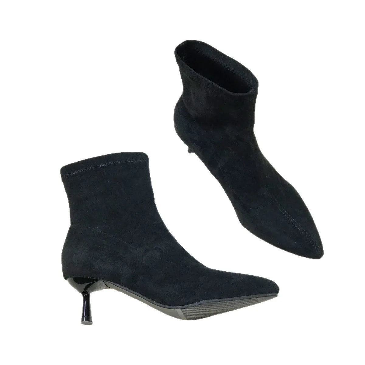 Women's black pointed toe ankle boots with stiletto heel and mid-calf height