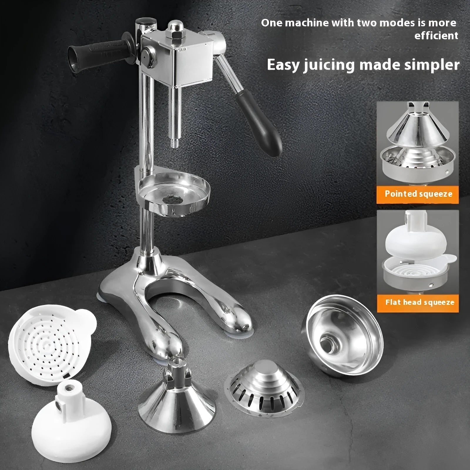 Vertical stainless steel manual juicer on a countertop, shown in silver finish with a pointed head style.