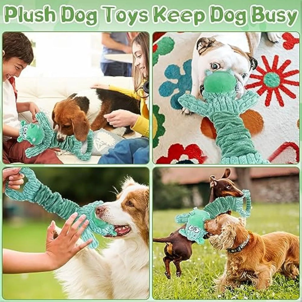 Large plush hippo or monkey dog toy with a handle, for squeaky and tug of war play