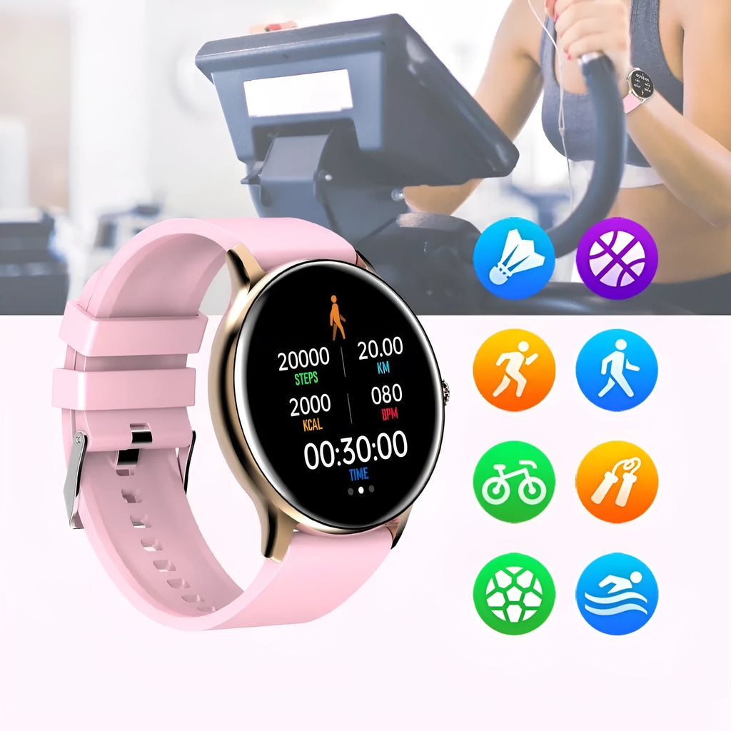 Black Bluetooth smart sports watch with circular screen on a silicone wristband