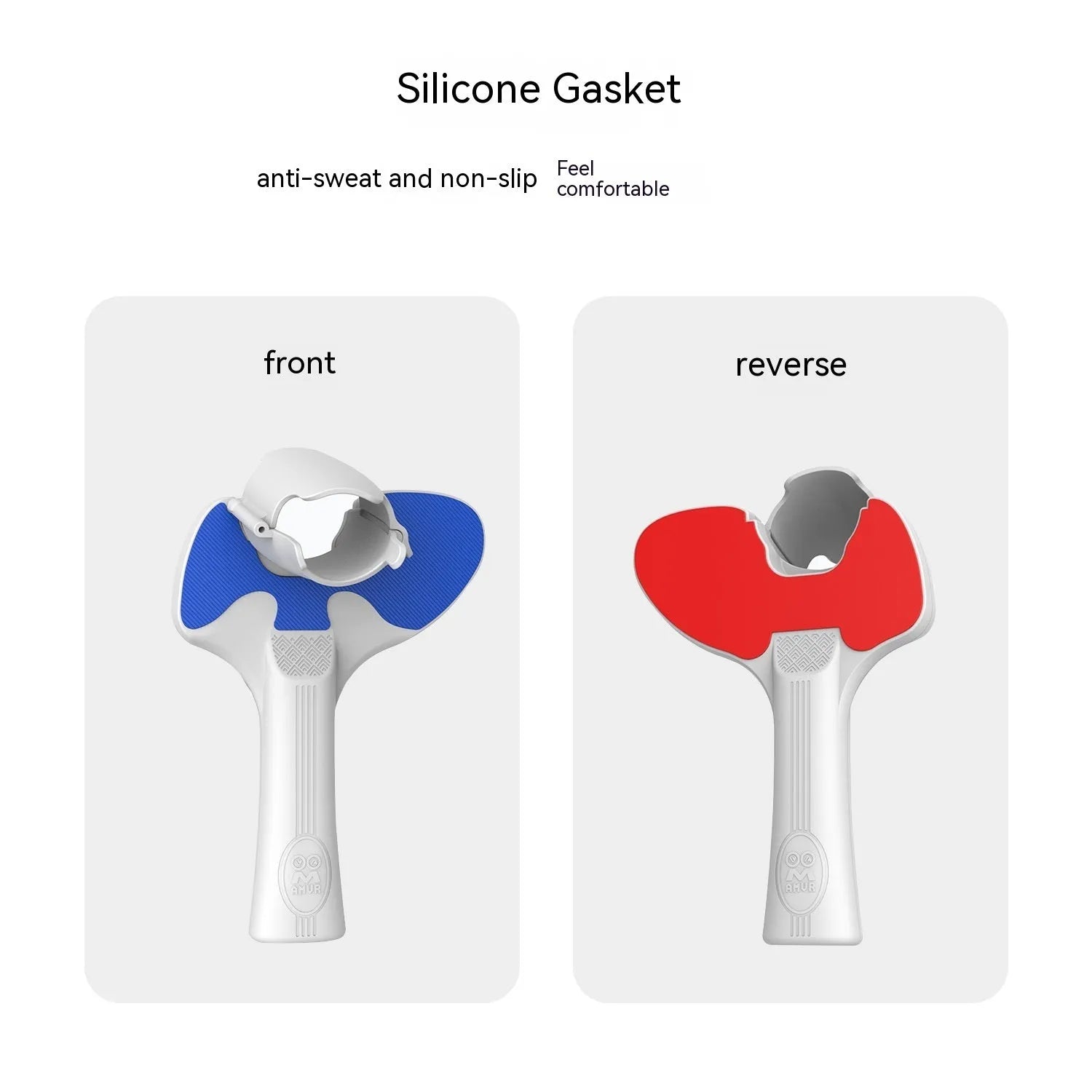 Red and blue silicone hand grip for PICO 4 VR controllers on a grey background.