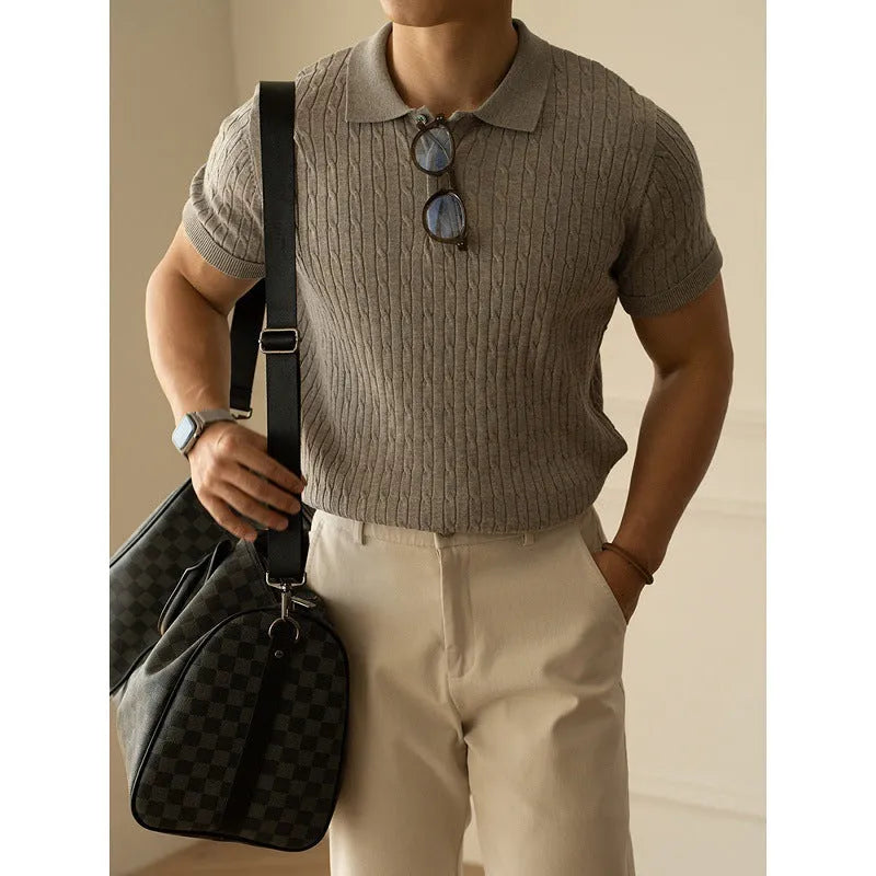 Men's short sleeve business commute top in khaki colour with four-size Asian fit options