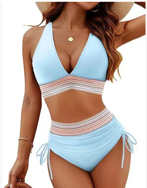 High waisted colour block bikini set with drawstring in polyester fabric for swimming