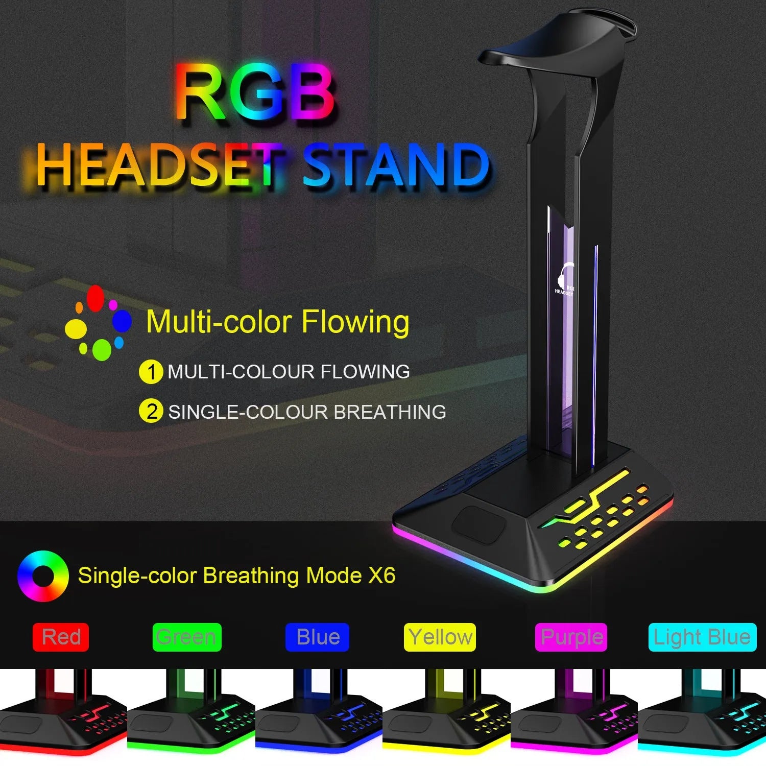 Headphone display rack with RGB lighting and dual USB ports in black acrylic design