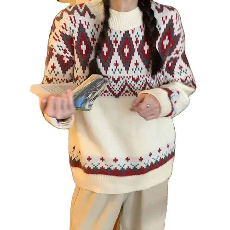 Retro striped pullover knitted top with long sleeves in white or red