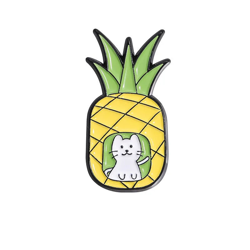 Colourful cartoon fruit design metal brooch with letters on a zinc alloy pin.
