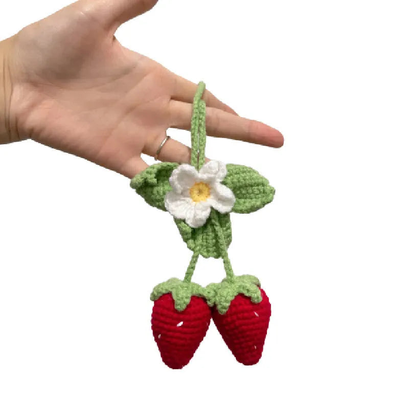 Handmade knitted strawberry shaped car hanging ornament made from cotton and hemp fibres