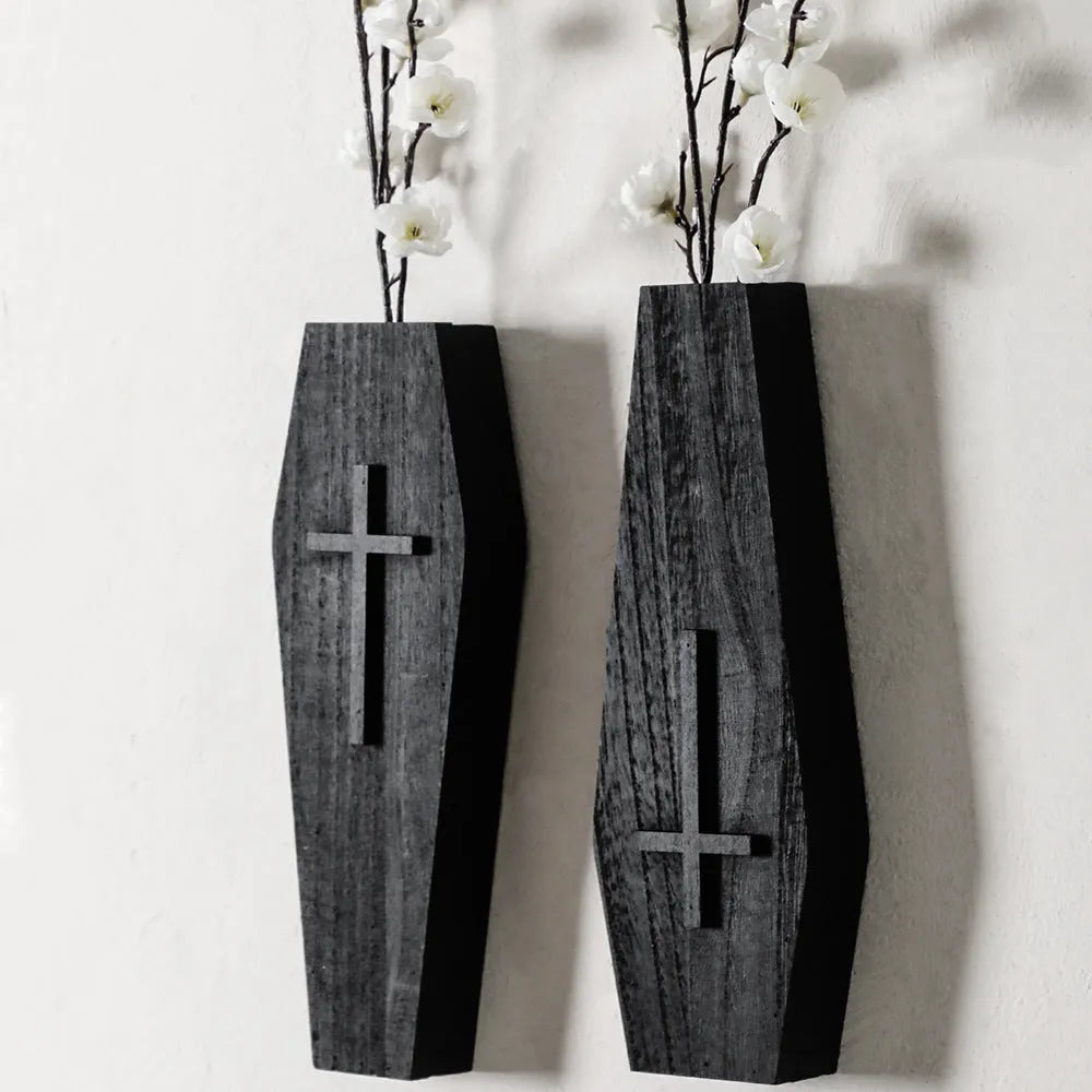 Black wooden cross wall vase shelf measuring 27cm by 9cm for pendant mounting