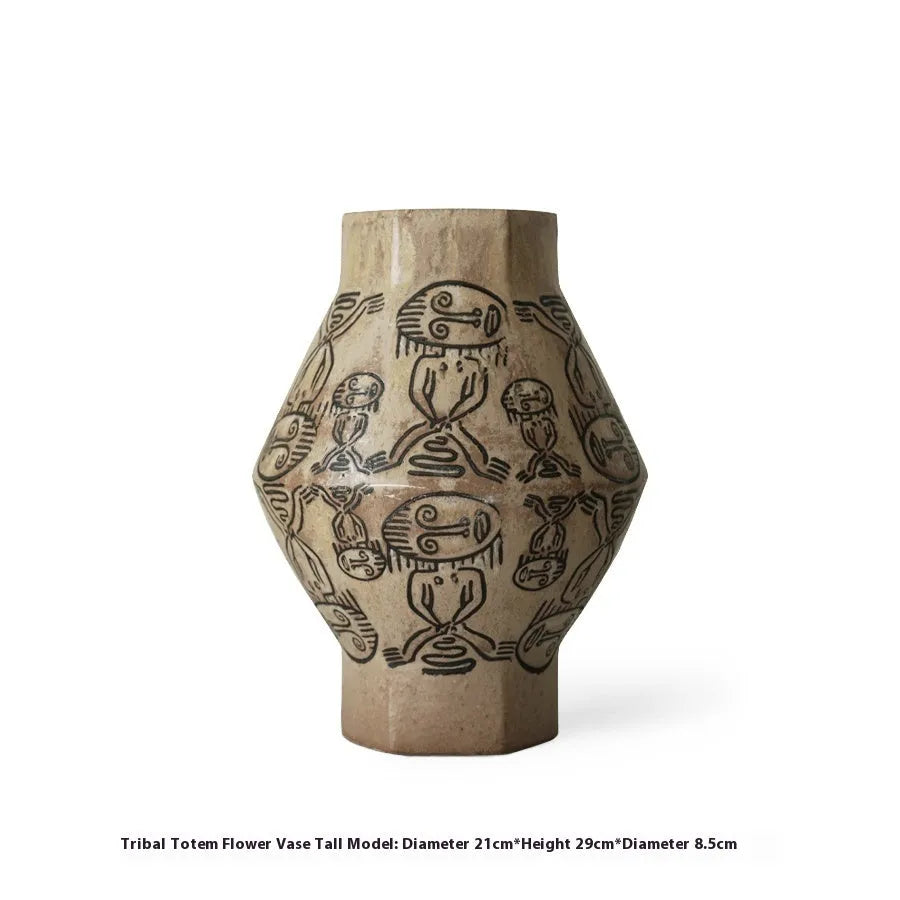 Hand-painted ceramic vase with tribal totem flower designs and vintage carved art patterns