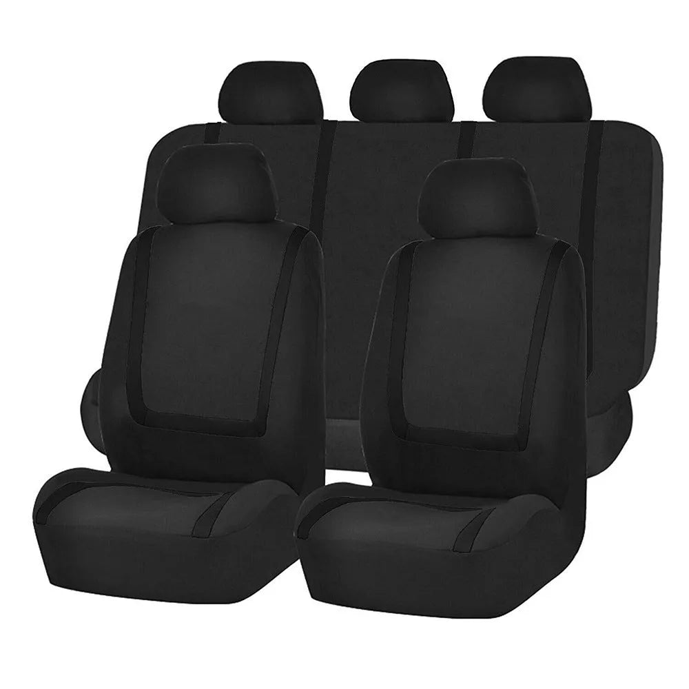 Universal car seat cover set showing fabric construction with headrest and seat protection