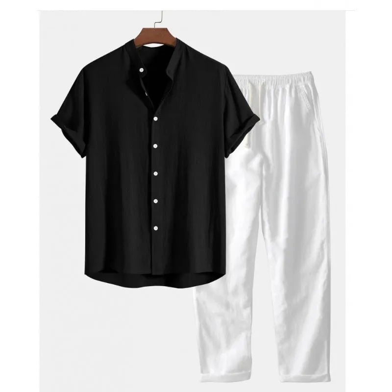 Men's casual linen-style shirt and trousers suit in multiple colour options with loose short sleeve design