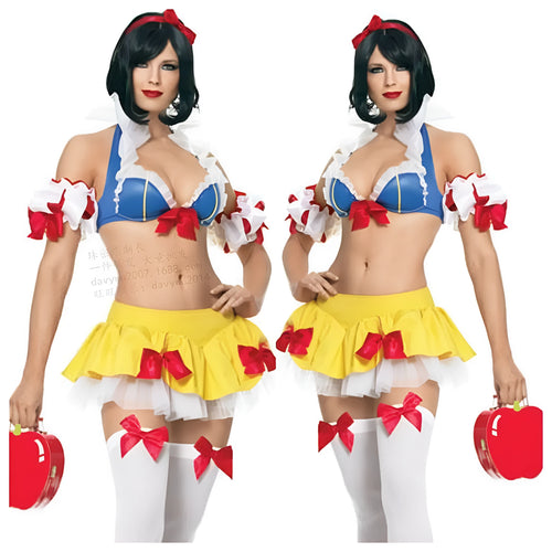 Snow White anime costume dress with headdress, crop top, skirt, and detachable sleeves for Halloween cosplay