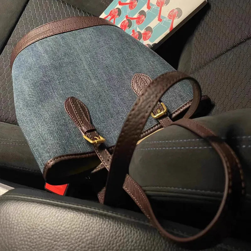Retro denim patchwork one-shoulder bucket handbag with large capacity storage