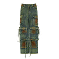 Retro colour bleaching multi-pocket cargo denim trousers in loose fit with gradient patch pockets