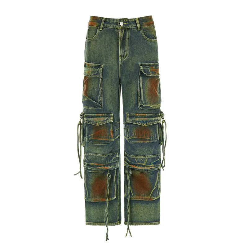 Retro colour bleaching multi-pocket cargo denim trousers in loose fit with gradient patch pockets