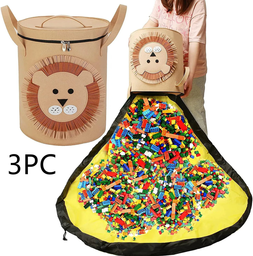 Green felt cube storage bag open as play mat with pull rope closure for toy organisation