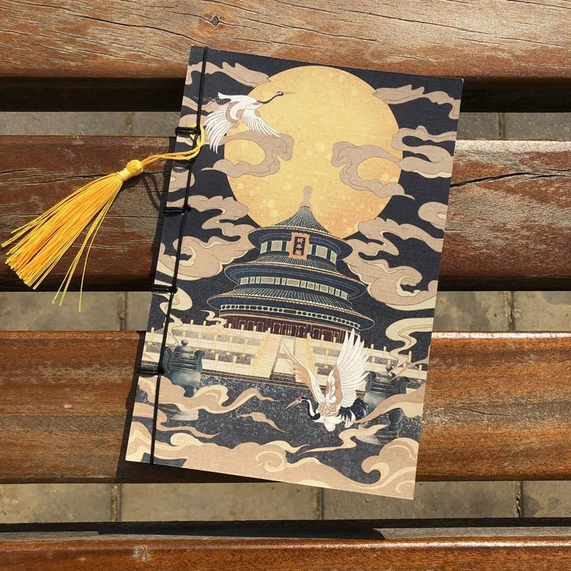 A5 antique wire-bound notebook with retro Chinese painting design on glossy embossed cover