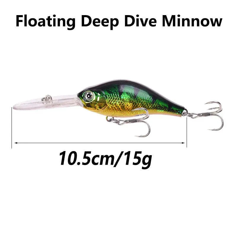 Little Fat Man deep diving minnow fishing lure showing colour options, 10.5cm in length.